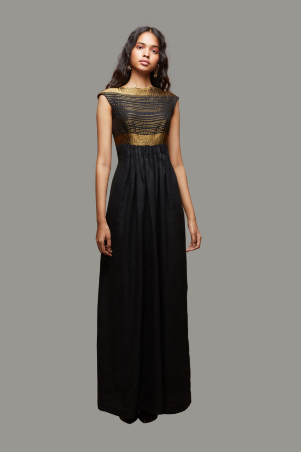 Gold Sequined Evening Prom Dress Black Tulle Overlay - VQ